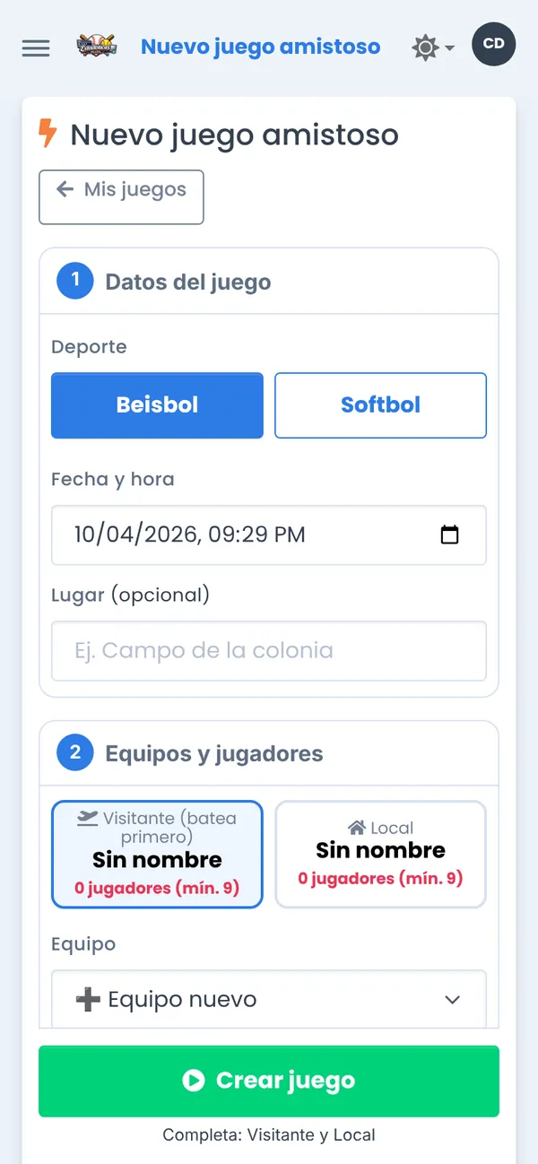 Pantalla para crear un juego amistoso: deporte, fecha, equipos y jugadores