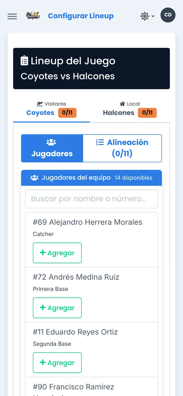 Pantalla para armar el lineup del juego