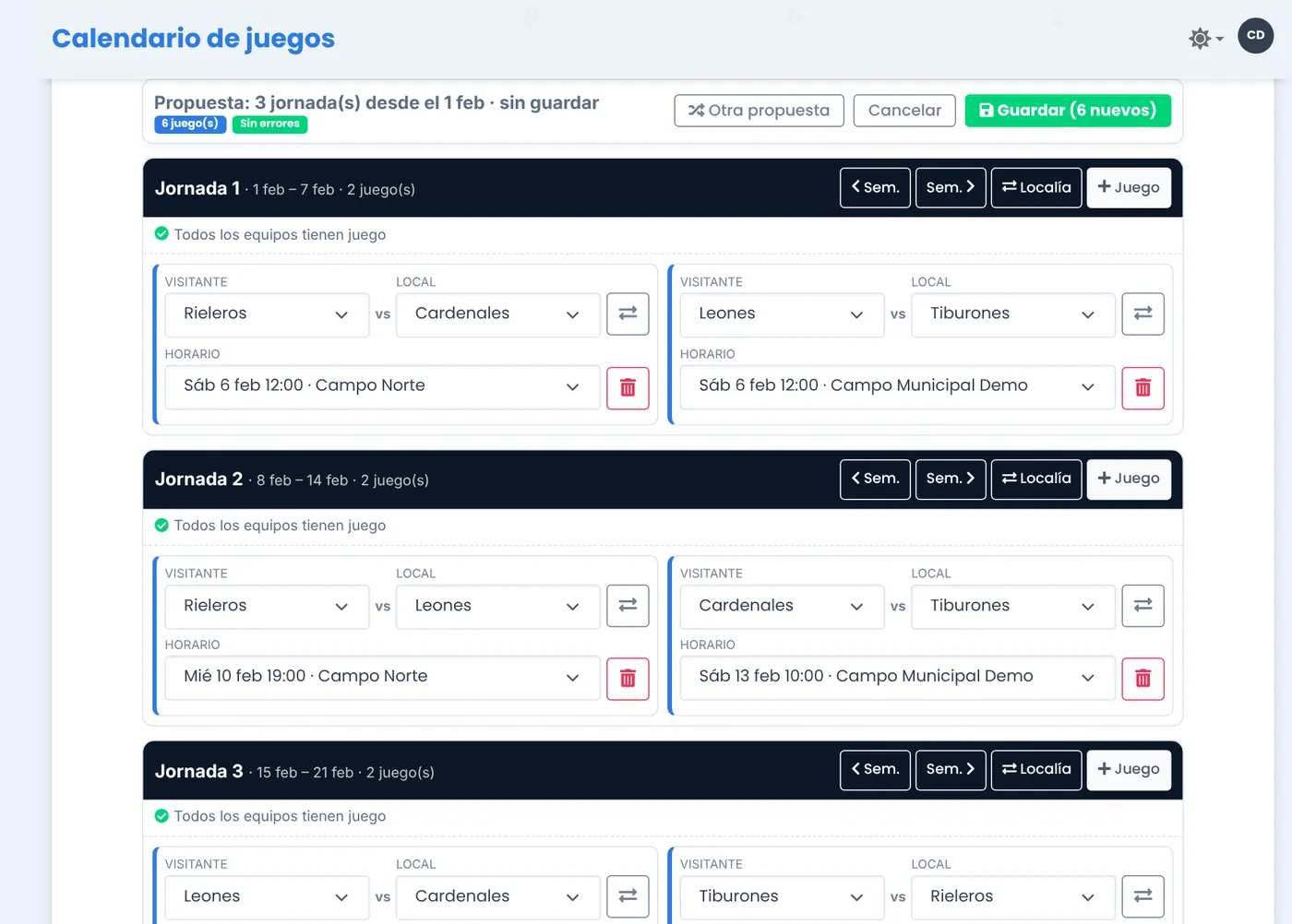 Editor del calendario con las jornadas propuestas